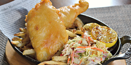 Tempura Wild Rose Beer-Battered Lingcod & Coleslaw
