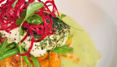 Olive Oil Poached Halibut With Chipotle Potato Salad & Gazpacho