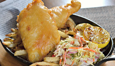 Tempura Wild Rose Beer-Battered Lingcod & Coleslaw